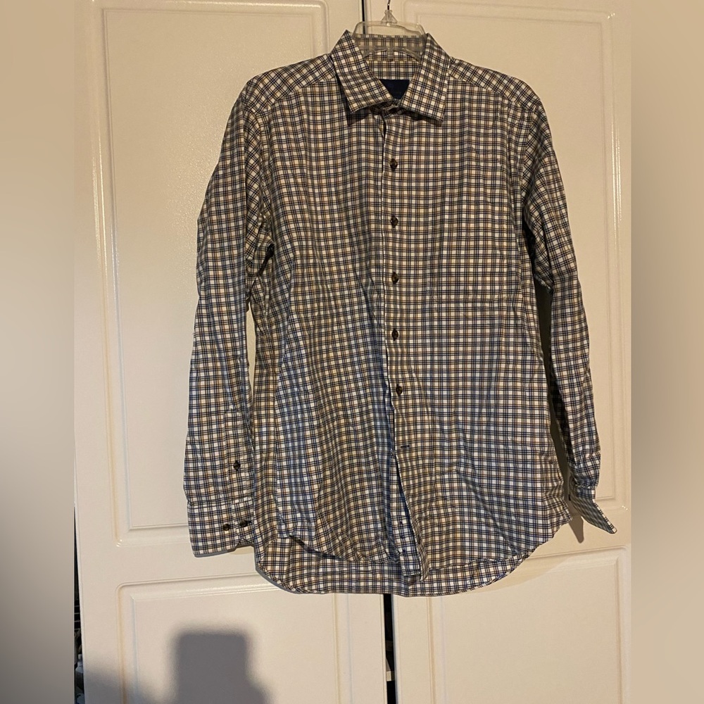 David Donahue Brown and White Checkered Shirt 100% Cotton